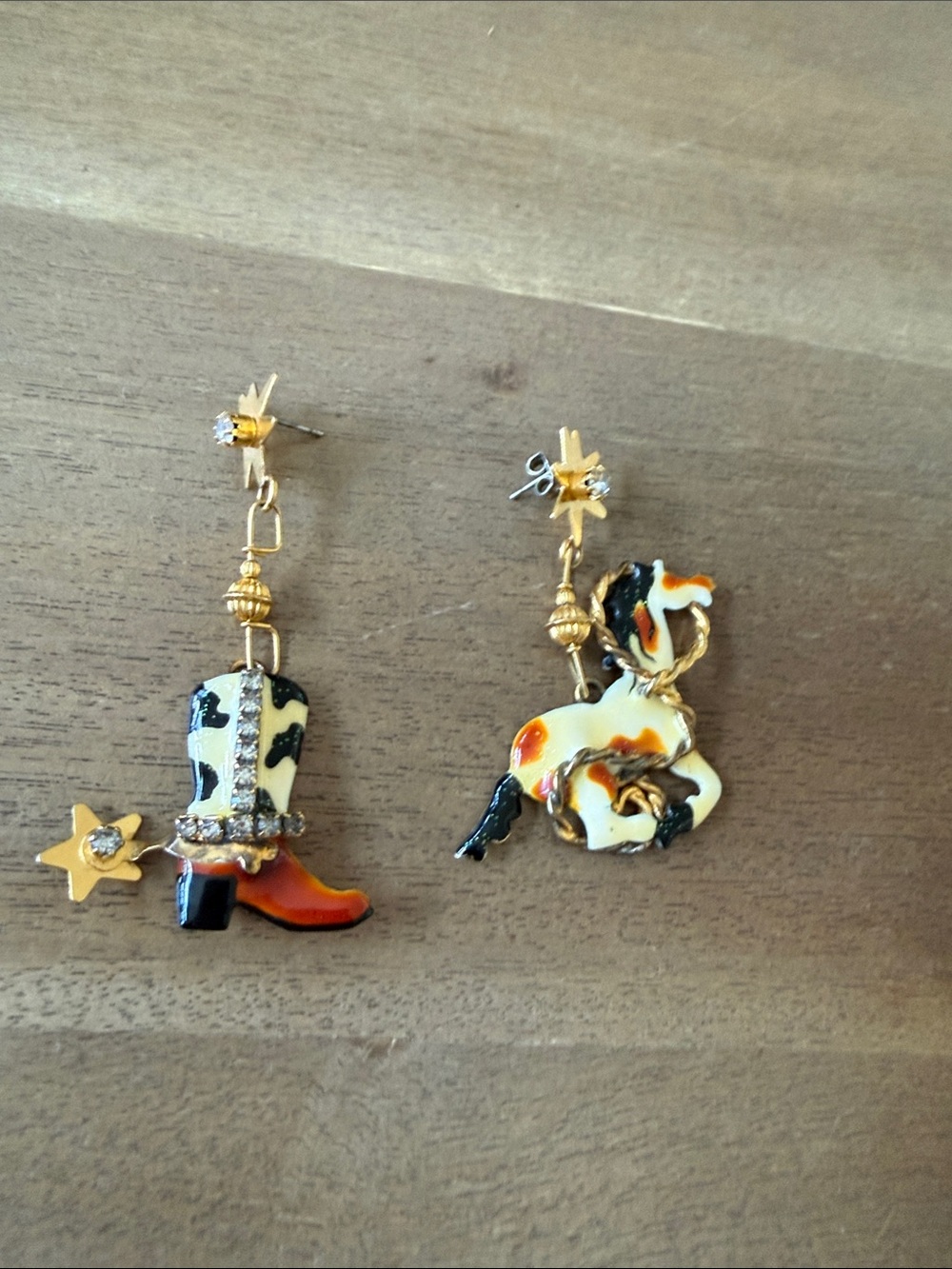 Gold-Tone Multicolor Cowhide Western Boot and Horse Dangle Earrings